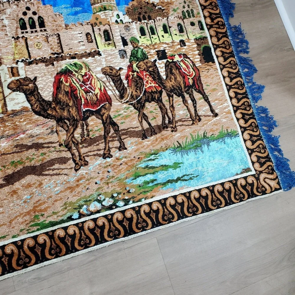 Vintage Camel Caravan Tapestry  68 X 48 Wall Hanging Mosque Desert Scene Velvet‎